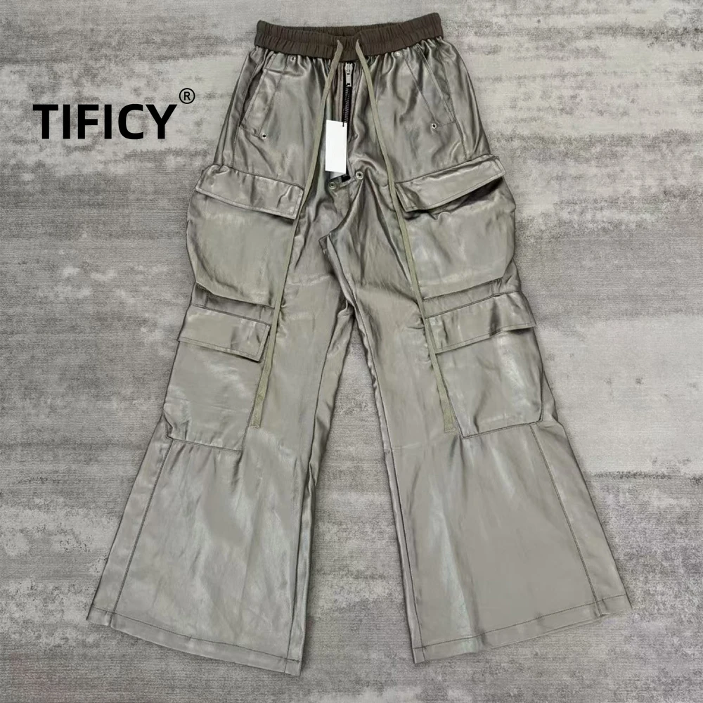 

High Street Dark RO Workwear Multiple Pockets Floor Length Casual Pants Men's Copper Gray Glossy Wide Leg Casual Loose Pants