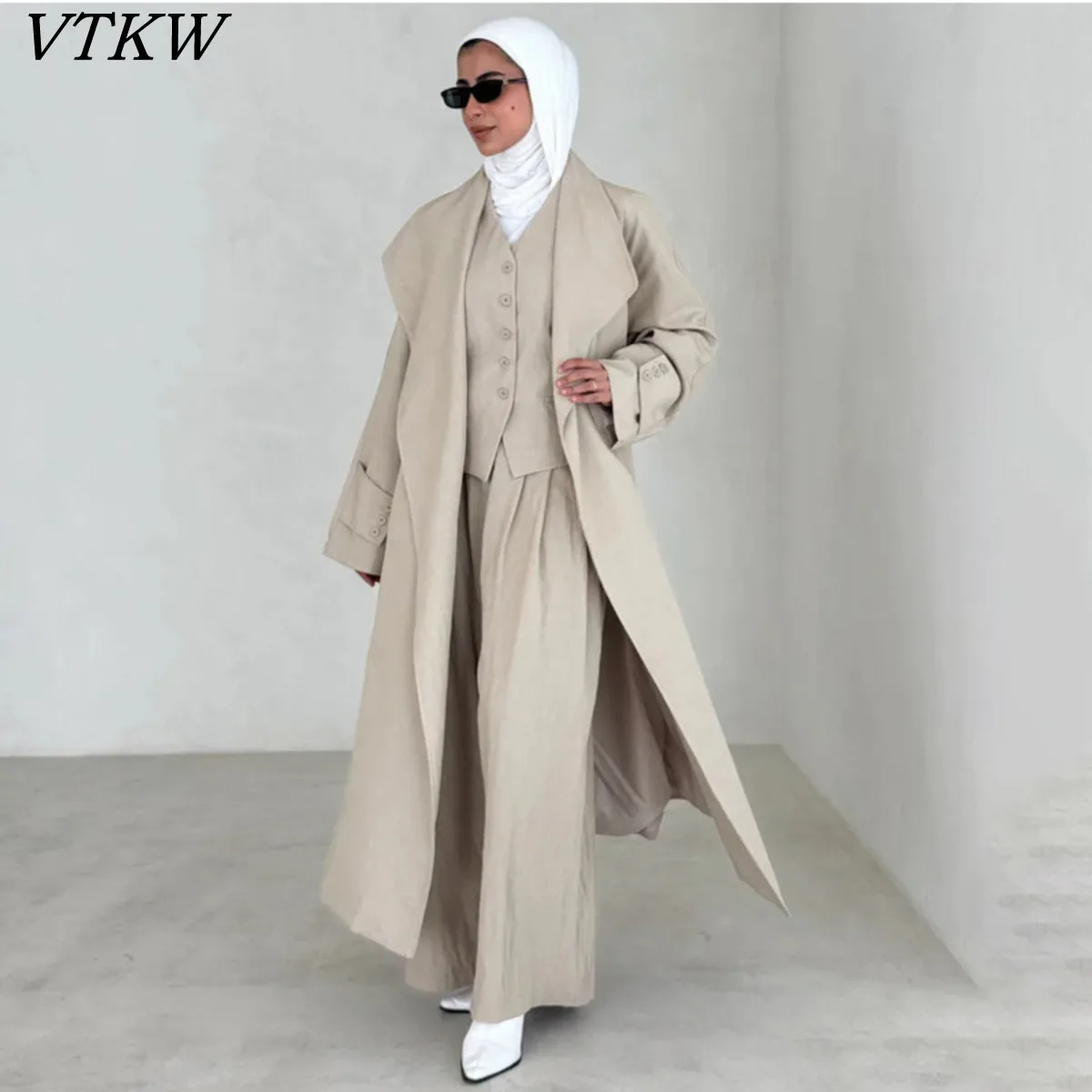 

VTKW 2026 Women 2 Piece Pants Set Buttoned Vest Wide Leg Trousers High Waist Pocket Detail Textured Linen Modest Casual Outfit
