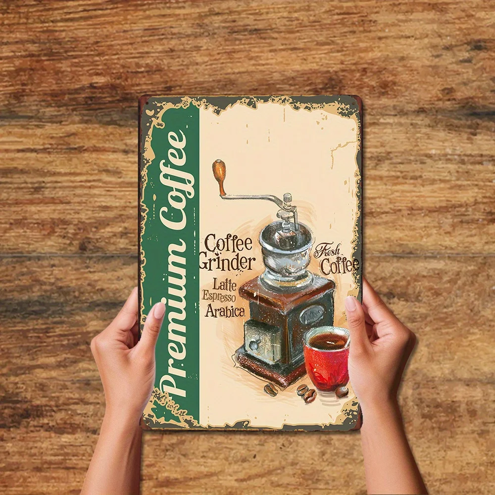 Premium Coffee Grinder - Vintage Style Metal Wall Art for Kitchen or Cafe, Bar Decor with Coffee Cup & Grinder Illustration,