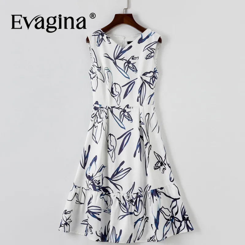 Evagina Fashion Design Summer Women's A-Line Dress V-Neck Sleeveless Vintage Print Party Mini Dresses