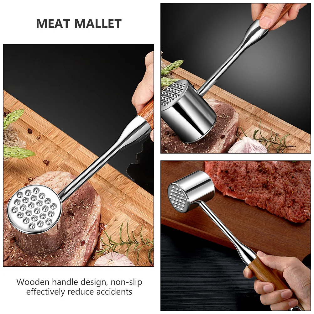 

1Pcs Stainless Meat Hammer Kitchen Mallet Tool Wooden Handle Non-Slip Design Double-Sided Meat Tenderizer for Steak and