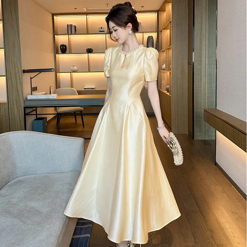 

Tea Break Long Dress2025Summer New Women's Clothing French Style Temperament round Neck Waist Trimming Drape over Knee Dress