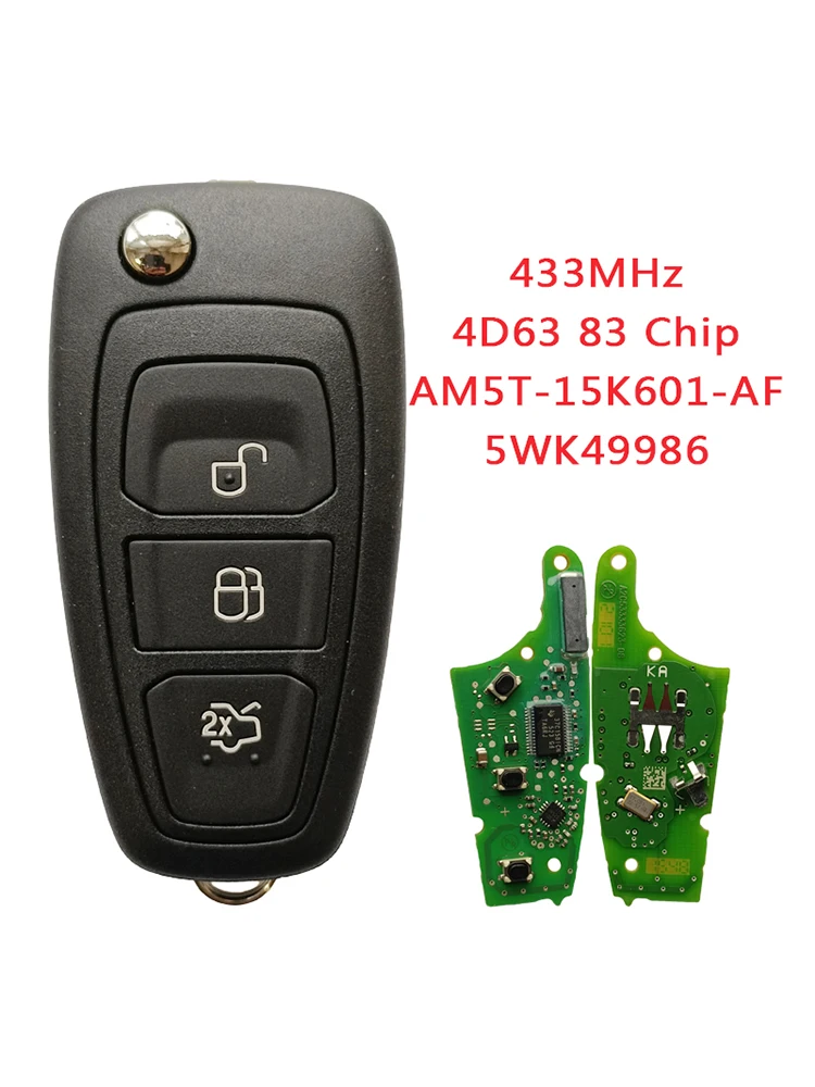 

Номер детали HNKeys AM5T-15K601-AF для Ford Focus Flip, дистанционный ключ от автомобиля, 3 кнопки, 433 МГц, 4D63, чип 5WK49986