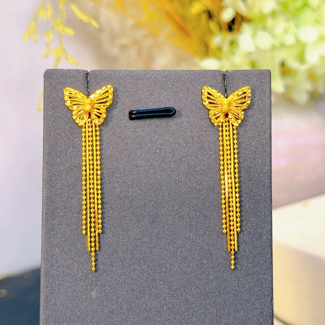 Luxury 24K 9999 Pure Gold real gold Butterfly Earrings Fu Love Style Bow Tassel Ear Stud Ear Line