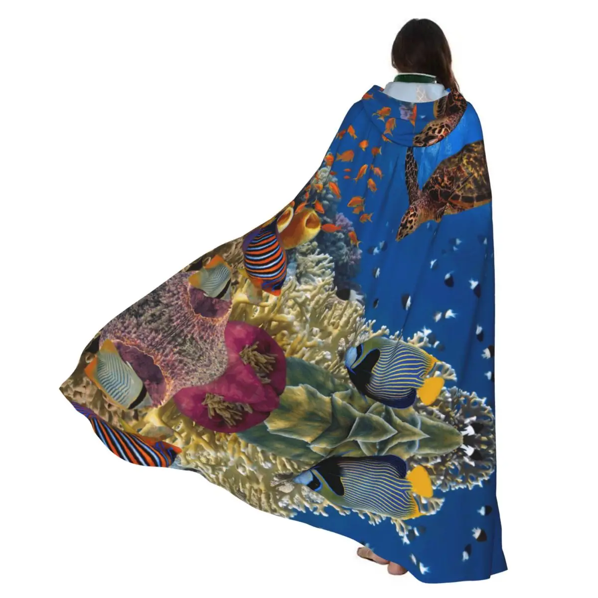 Reef de Coral azul de Halloween para adultos con muchos peces y capa de tortuga marina disfraz Medieval con capucha abrigo de vestido largo
