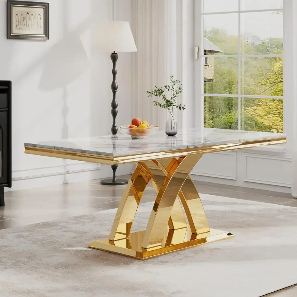 

70 Marble-Top Dining Table with Double X-Shape Stainless Steel Base - White/Gold for Kitchen & Dining
