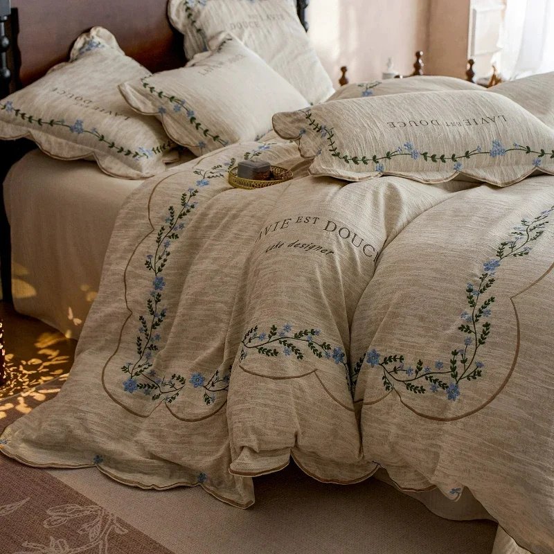 Bedroom High-end Retro Orchid Embroidery Cotton Linen Four Piece Set Linen Bed Sheets and Duvet Covers Bedding