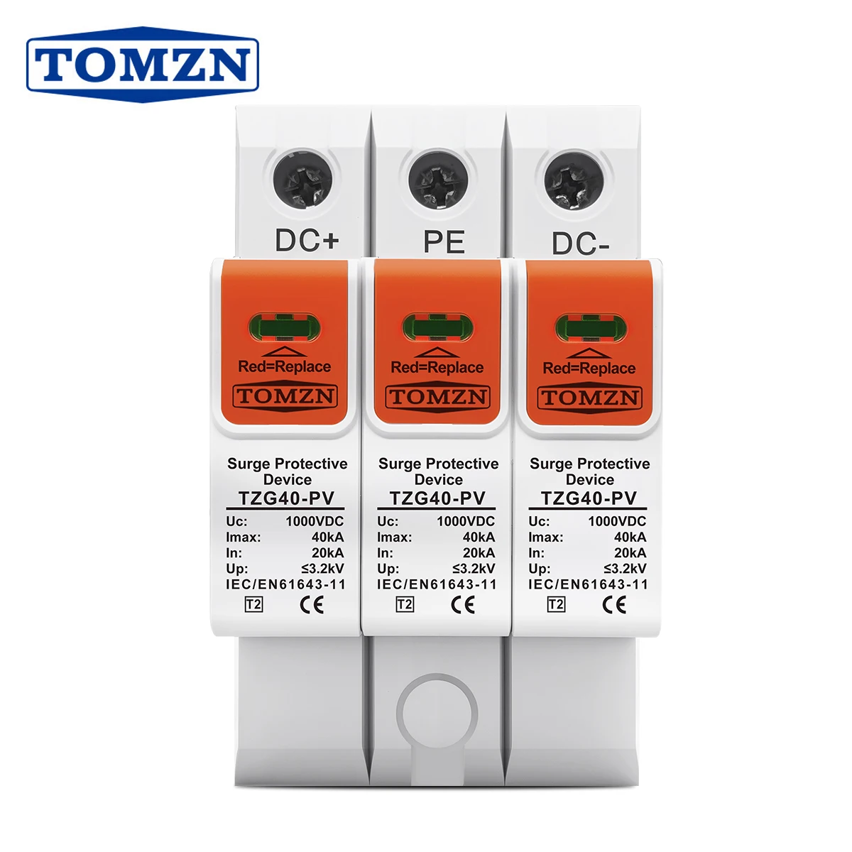 TZG40-PV 3P 1000V 1200V 1500V DC PE Protection T2 MOV Shield-Type Indicator Light 10~20kA 20~40kA Din Rail 3.2kV TOMZN