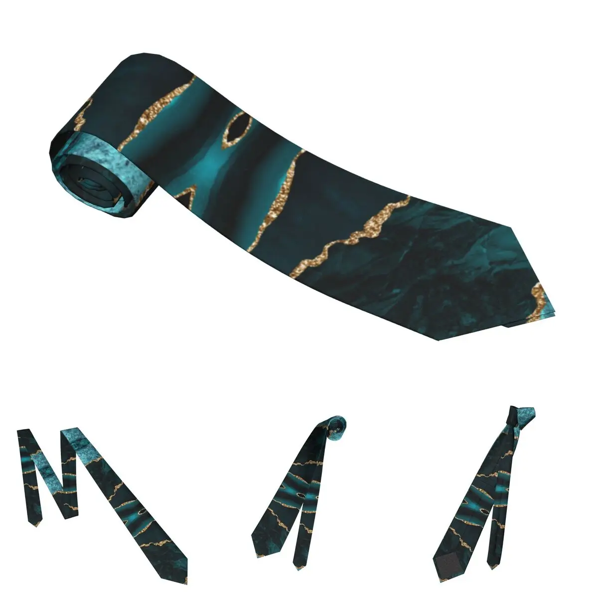 Teal Gold Watercolor Agate Marble Men Neckties Skinny Polyester 8 cm Modern Neck Ties for Men Suits Accessories Cravat Wedding