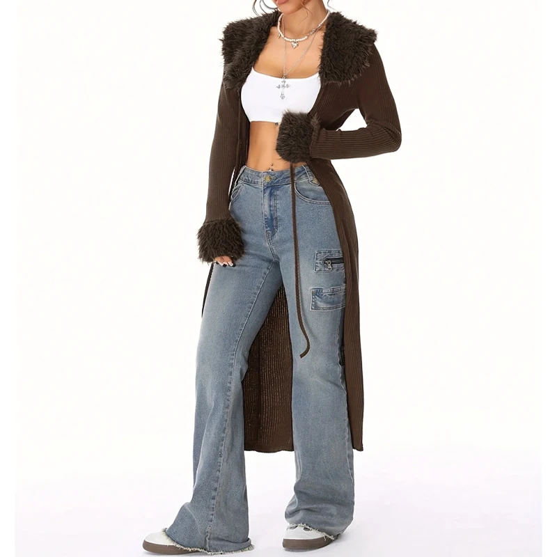 가을 겨울 Y2K 여성용 가디건 재킷 패션 캐주얼 빈티지 골지 니트 브라운 플란넬 텍스처 레이스업 블랙 롱 가디건