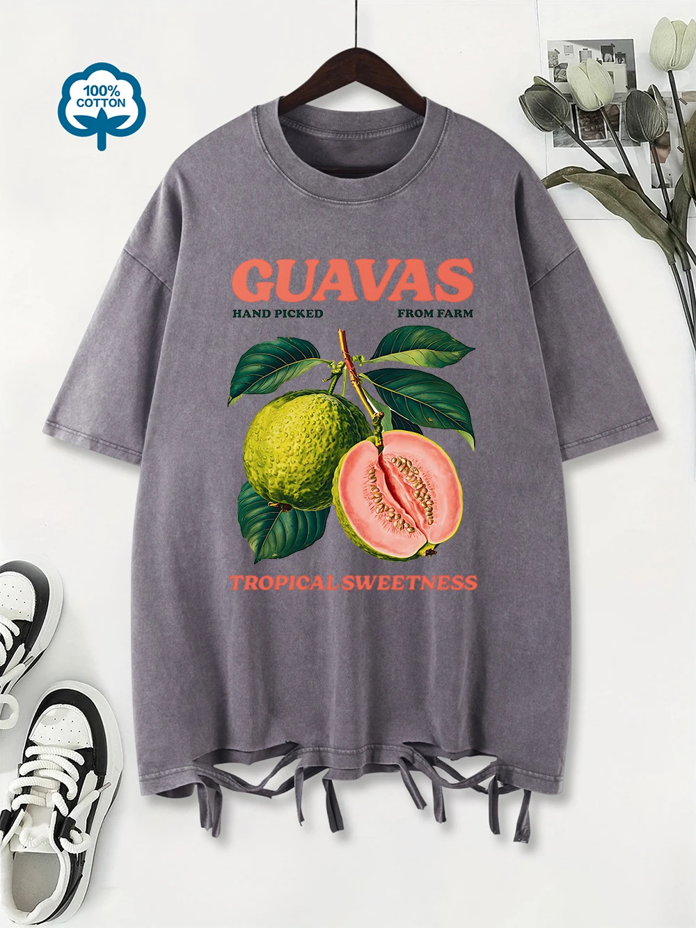 

Guavas Tropical Sweetness, стираная футболка с принтом, женская хлопковая футболка большого размера, удобные потертые топы с круглым вырезом, летняя одежда