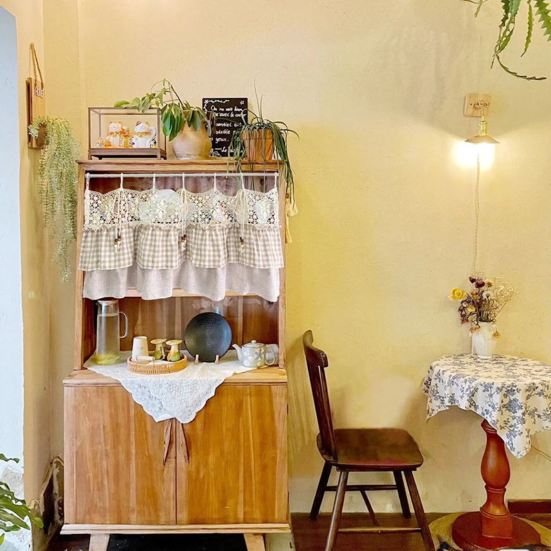 Korean Creative Plaid Ruffled Cafe Curtain For Kitchen Cabinets Bohemian Crochet Hollowed Short Curtain For Homestay Farmhouse