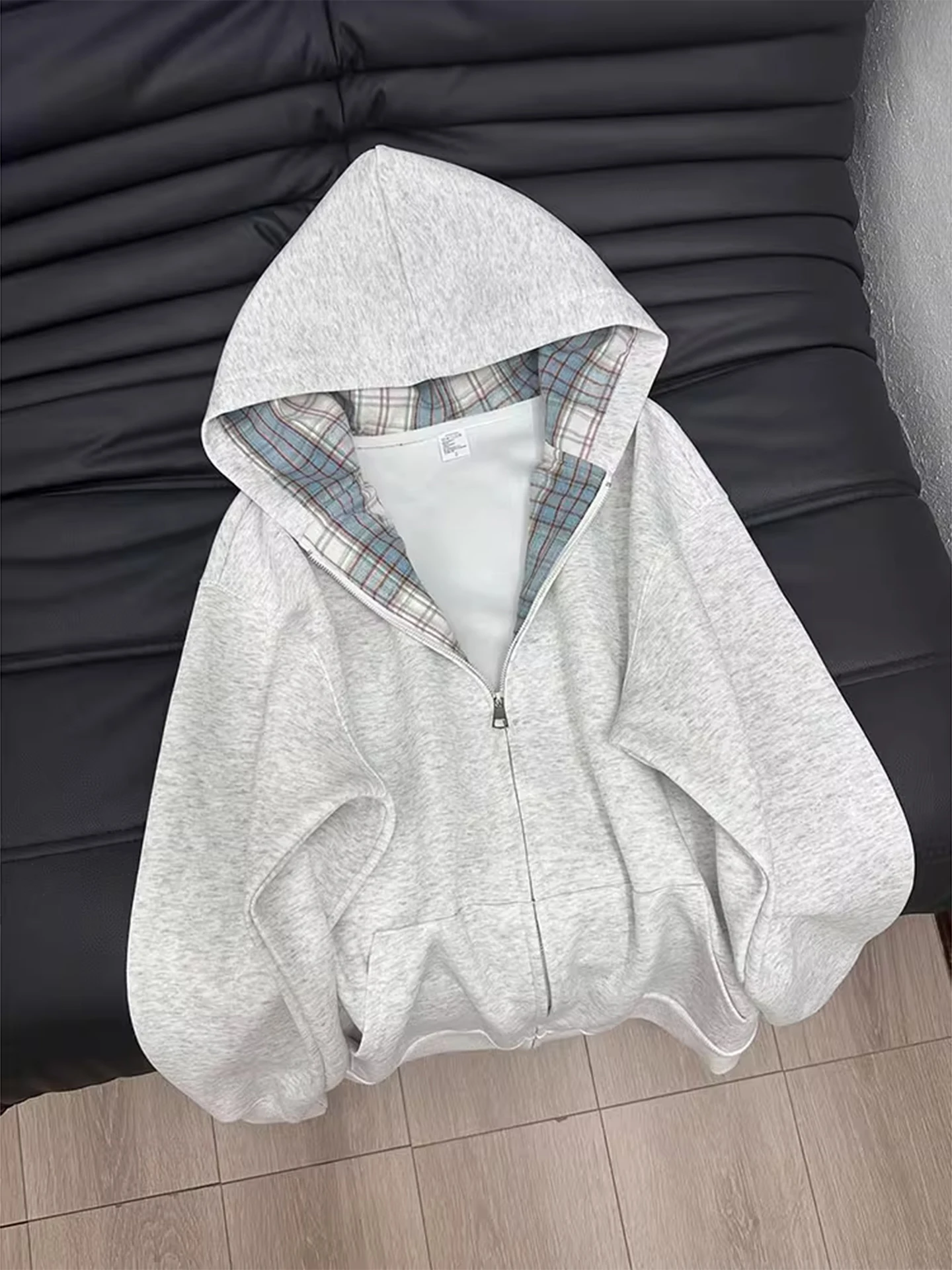 

Plaid Patchwork Heavyweight Hoodie Cardigan Men's Style Autumn American Retro Couple's Top Casual Loose Fit Long Sleeve Zipper