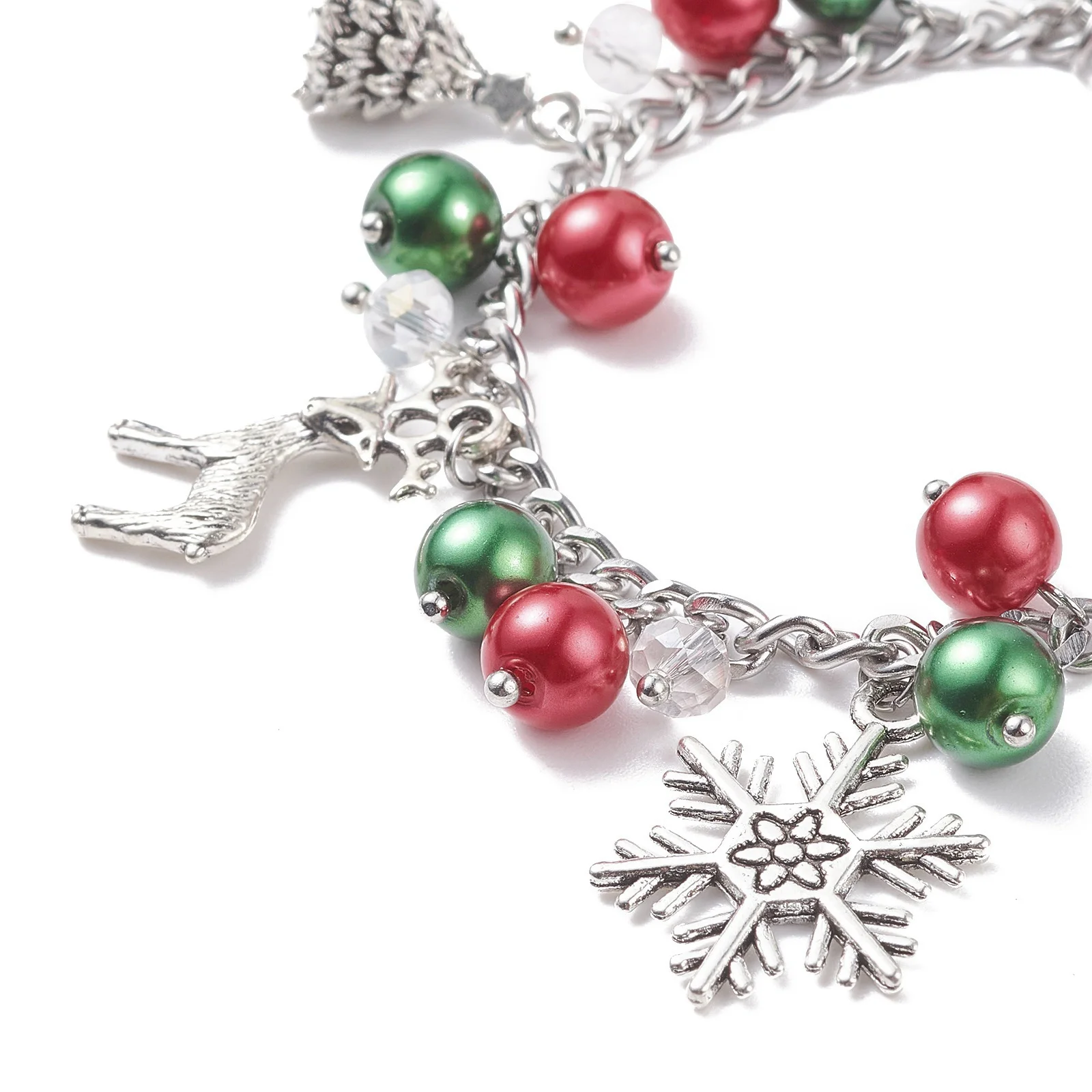 Kissitty 20Pcs Antique Silver Color Christmas Tree Snowflake Reindeer Alloy Charm Glass Pearl Bracelet with Curb Chain for Women