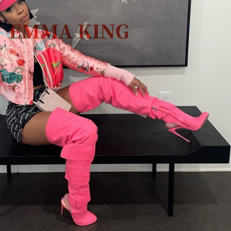 خليط الوردي جيب الأحذية أشار تو فوق الركبة رقيقة عالية الكعب الانزلاق على مثير النساء الخريف الشتاء فستان الحفلات الأحذية الأحذية