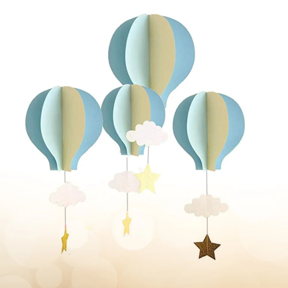 4pcs 3D Paper Pendant Hot Air Balloons Clouds Stars Hanging Ornaments for Home Decor (Light Blue Sky Blue and Beige)