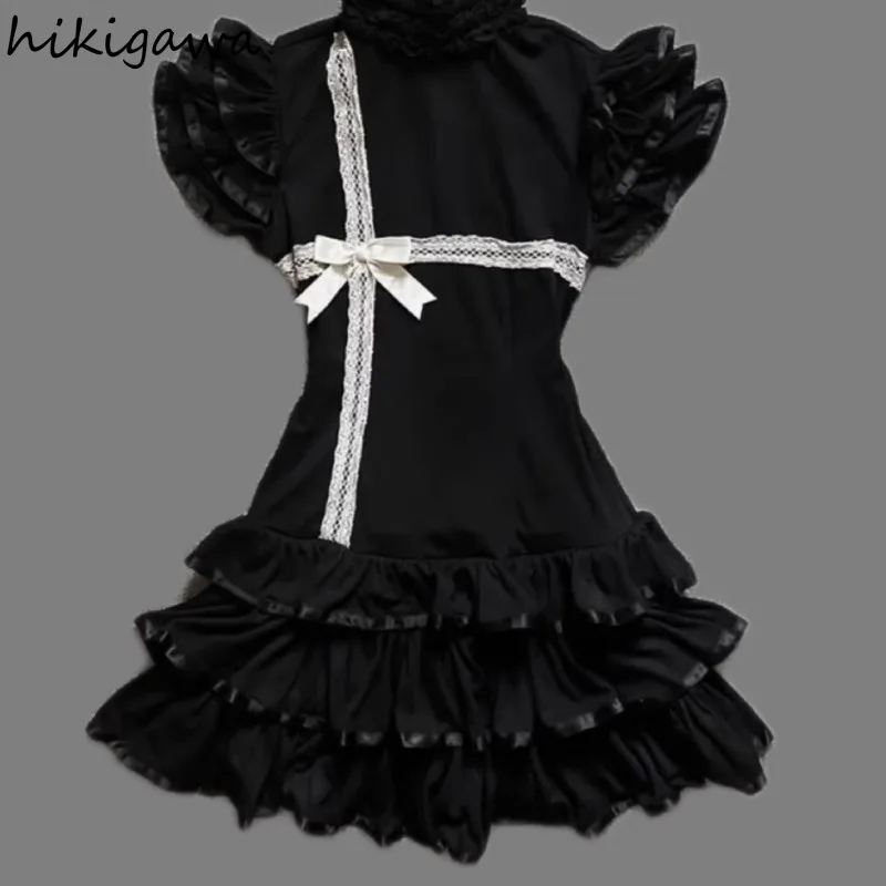 

Temperament Robe Femme Black Streetwear Sweet Dresses for Women 2025 Vestidos De Mujer Patchwork Lace Ruffles Summer Mini Dress
