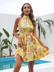 Sexy Floral Halter Neck Women Dress Sleeveless Lace Up Ruffled A Line Spring Summer Short Dress