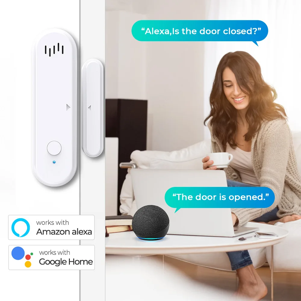Tuya Smart Life WiFi Door Window Sensor Sound WiFi Security Alarm Remote Control Timing Arm and Disarm Voice Control With Alexa