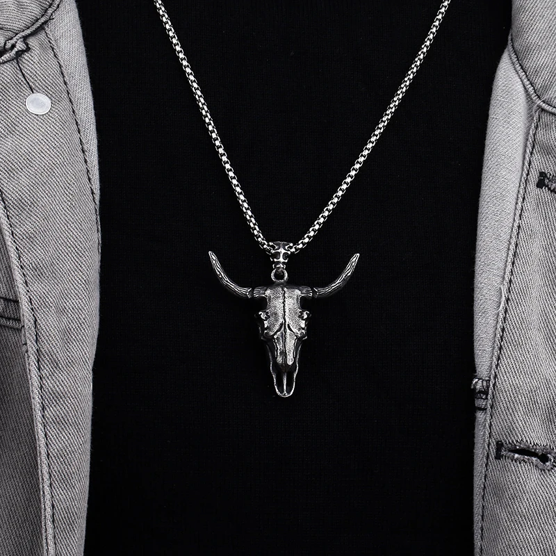 Fashion Dropshipping 316L Stainless Steel Punk Cow/Bull Ox Head Skull Charm Pendant Necklace For Man Hiphop Jewelry Party Gift