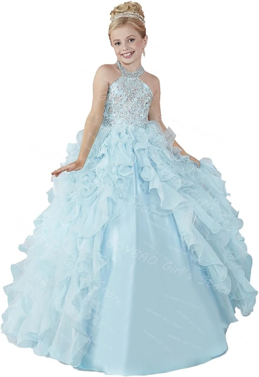 

Crystal Beaded Pageant Dresses for Girls Ruffled Organza Flower Girl Frock Customized Kids Halter Backless Birthday Party Gown