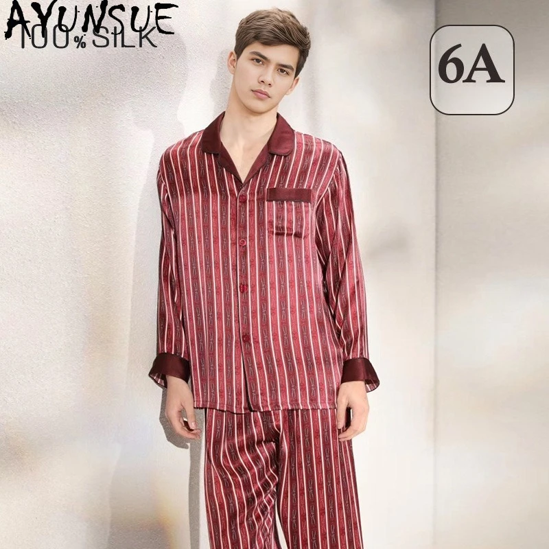 

AYUNSUE 19MM 100% Natural Mulberry Silk Pajama Sets Mens Home Clothes Spring Summer Shirt Striped Pants for Men Мужская Пижама