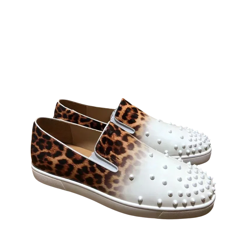 Luxus Marke Low Top Rote Untere Schuhe Für Männer Trainer Fahren Spikes Weiß Leopard Echtes Leder Nieten Zehenkappe Wohnungen Sneaker