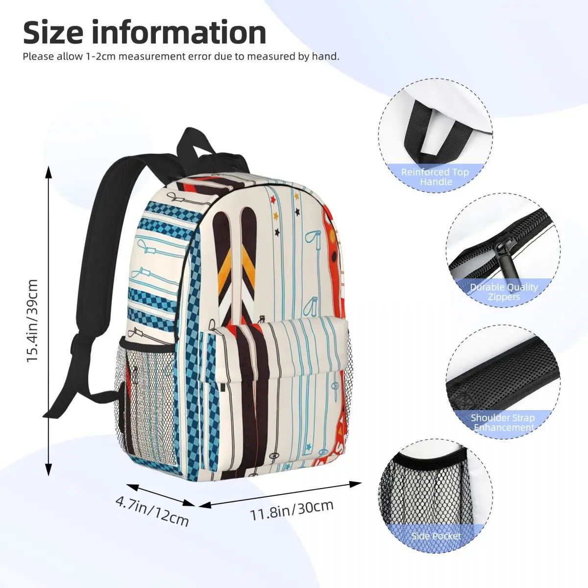 Colorful Retro Ski Illustration Backpacks Teenager Bookbag Casual Children School Bags Laptop Rucksack Shoulder Bag