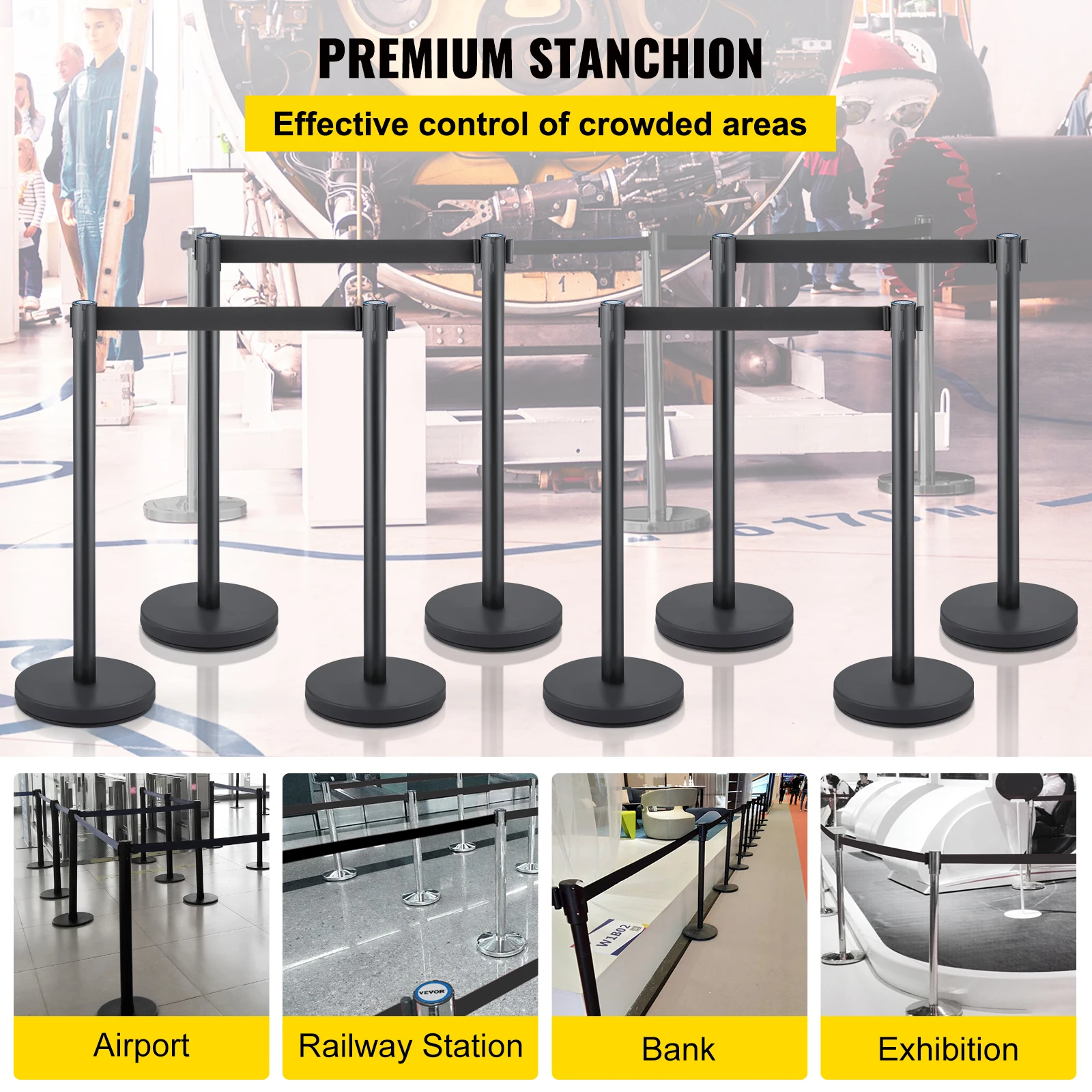 VEVOR 8Pcs Crowd Control Stanchion Stanchion Barriers Heavy-Duty Iron Base Posts with 6.6 ft/2 m 4-Way Black Retractable Belt