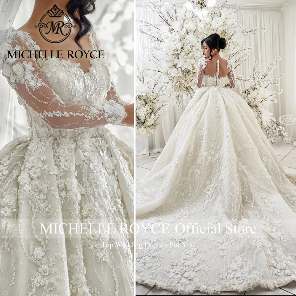 Michelle Royce-vestido De baile De lujo para mujer, Vestidos De Novia De manga larga, escote Corazón, flores 3D, 2024