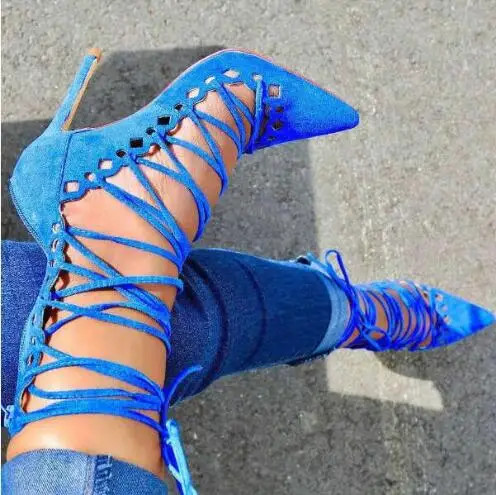 Royal Blue Pink Suede Cross Tied Lace Up Hollow Pointed Toe Gladiator Pointed Toe Mid-calf Thin Heels Sandals Boots Pumps Shoes