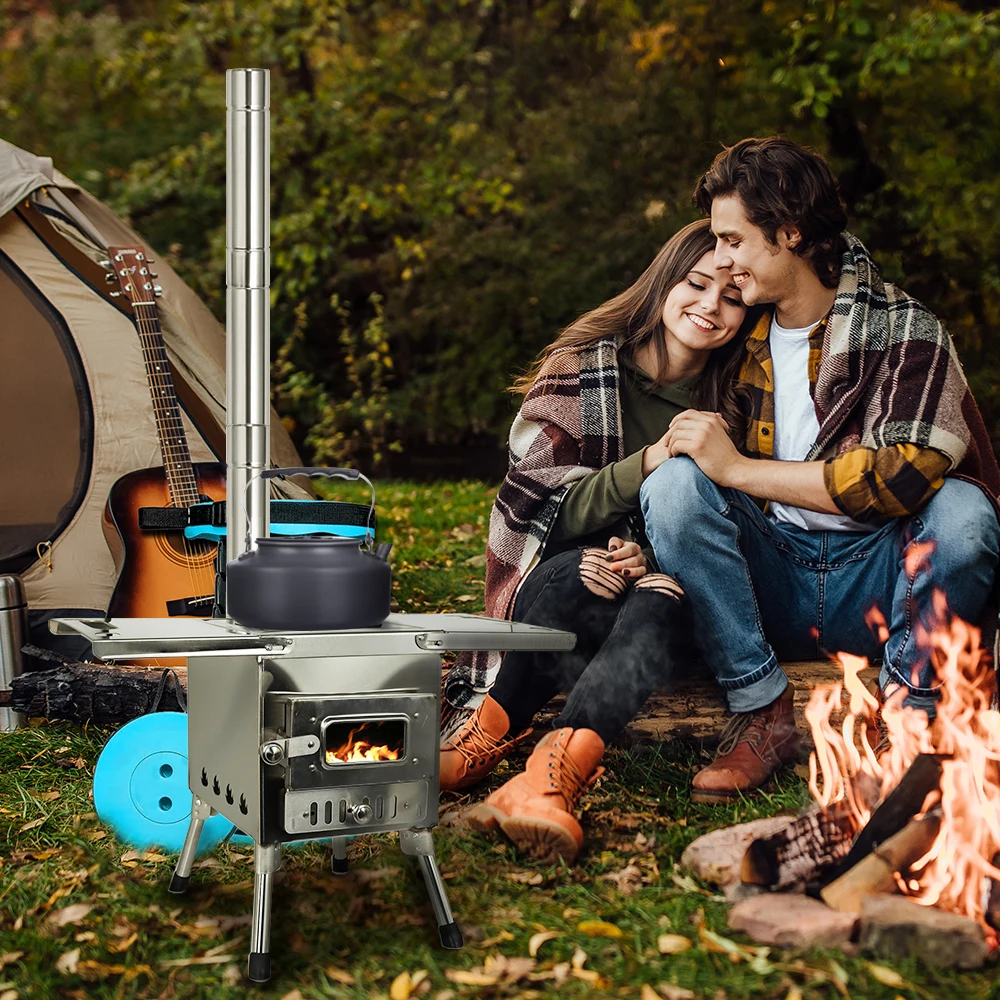 Portable Outdoor Firewood Stove with Split Chimney Pipe Stainless Steel Bonfire Stove Wood Burning Stove for Camping Cooking BBQ