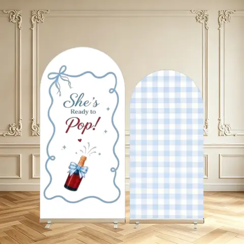 She's Ready to Pop Arch Backdrop Cover Light Blue Plaid Champagne Bottle Bow Baby Shower Party Decoration Arch Cover Background