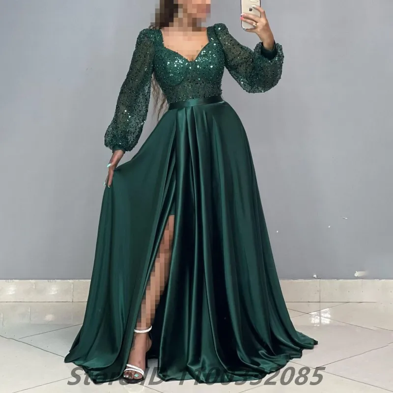 Eightale 2024 Dark Green Sequin Long Sleeve Evening Dress For Wedding Party Sexy Slit Prom Dress Dubai Party Gown