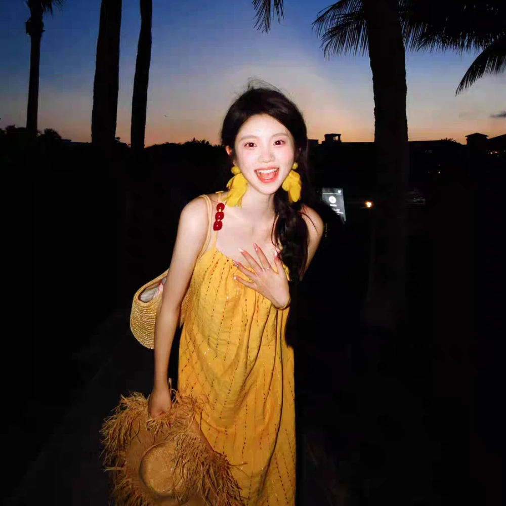 Bohemia Style Seaside Vacation Orange Tassel Beaded Sling Dress Women's Fashion Stylish Simple A-line Temperament Dress