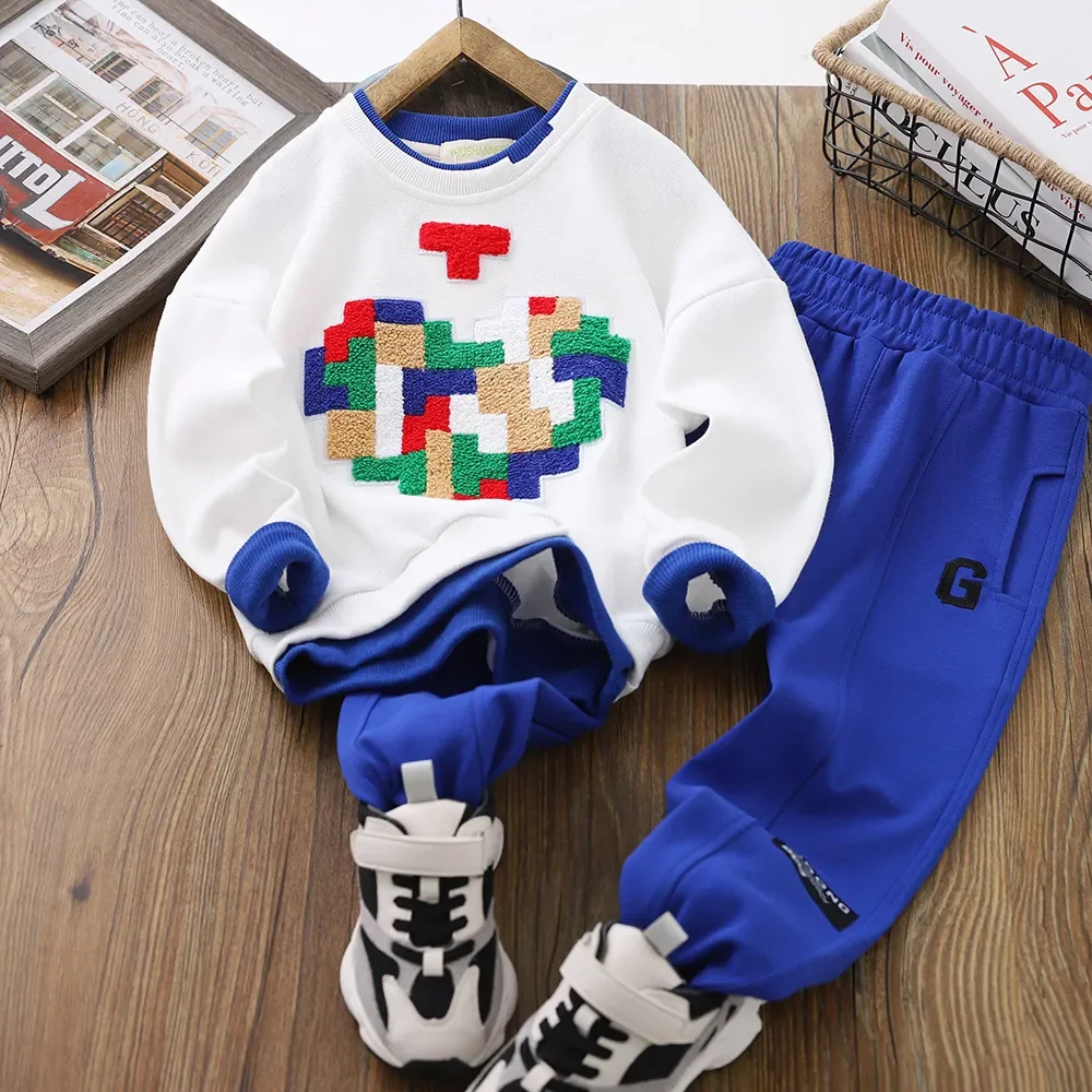 

SOMENIE 4-14Y Children Girl Boy Cotton Clothes Set Patchwork Color Hoodie Pullover Sweatshirt Sport Suit Spring Kids Loungewear