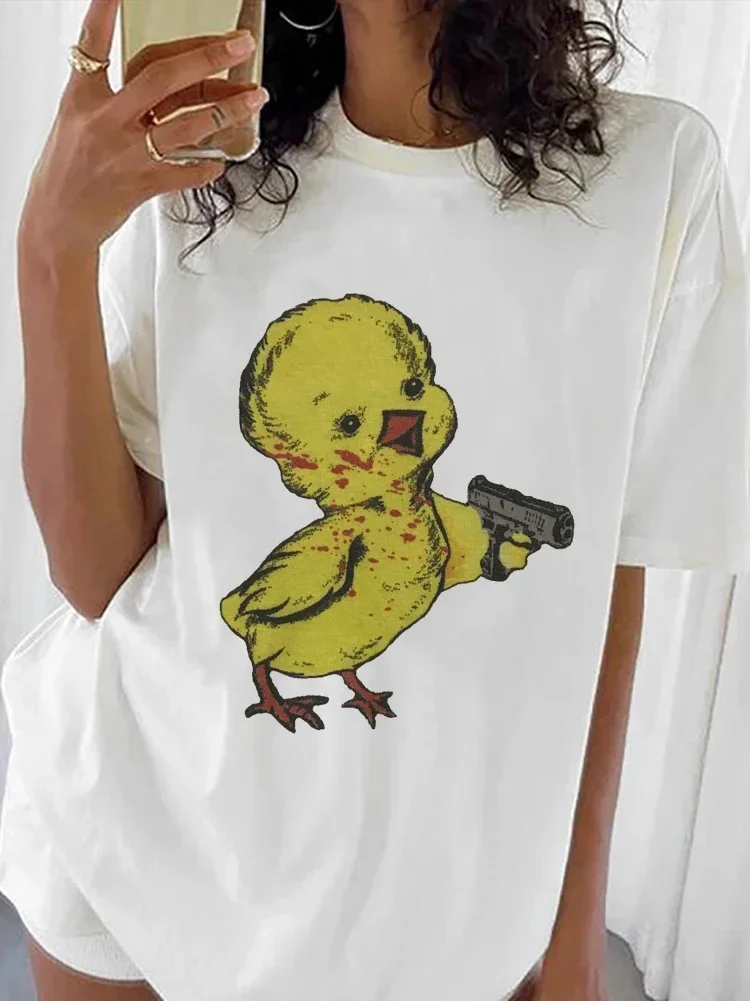 Trendy Summer Cute Duck Printed T-Shirt New Street T-Shirt Fun Style Leisure Printed Women\'s O-Neck Trendy Versatile Top T-Shirt