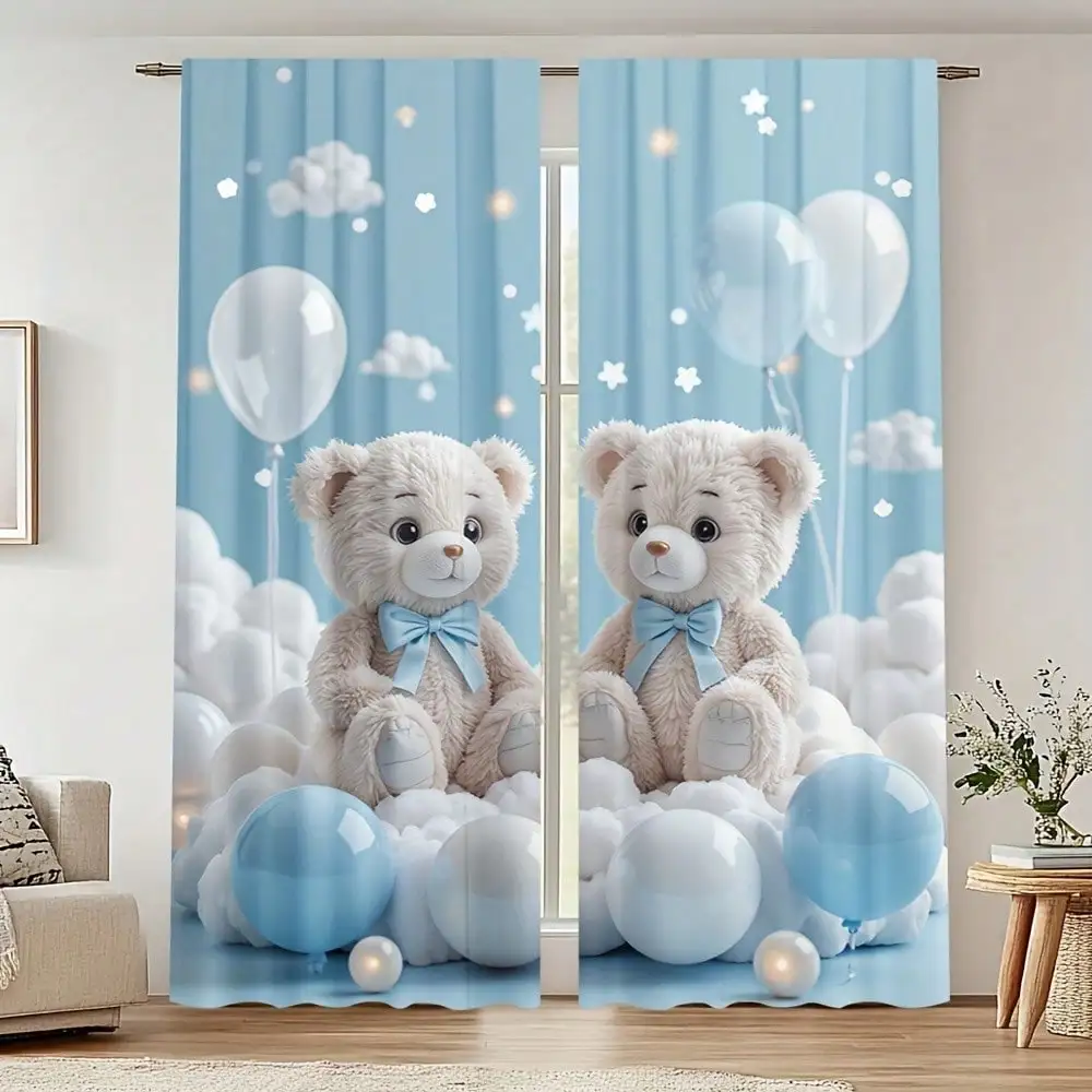 A Set Of 2 Curtains With Bear And Cloud Patterns, Designed For Windows In Various Home Environments Such As Bedrooms