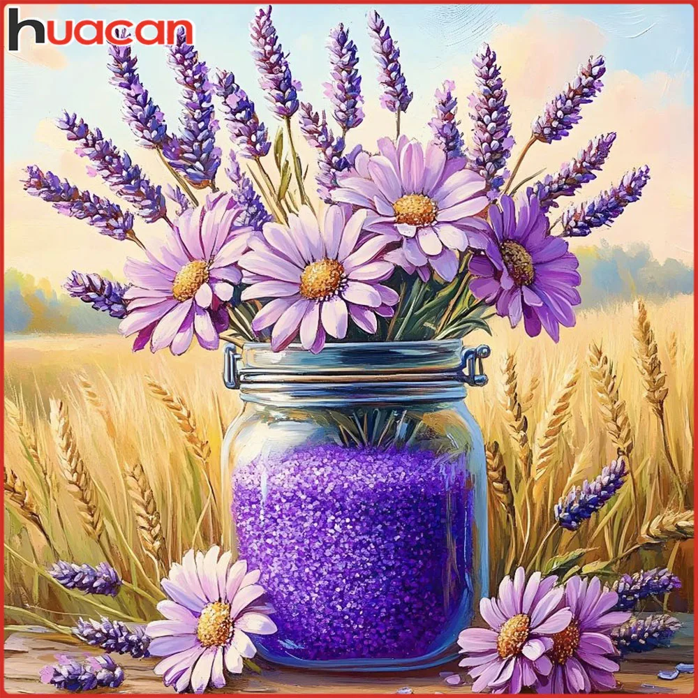 Huacan Diamantgemälde, Gänseblümchen, Lavendel, Vase, Diamantmosaik, Blume, neue Kollektion 2025, Bild von Strasssteinen