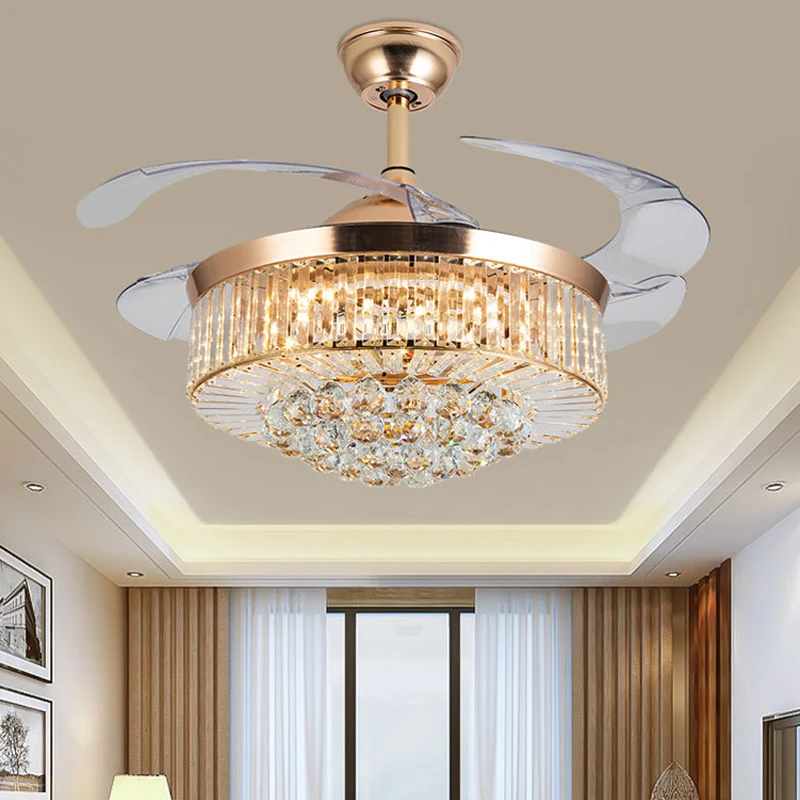 

Reversible Chandelier Crystal Ceiling Dimming Modern Ceiling Fan Remote Control Retractable Invisible Blades Fan with Stepless