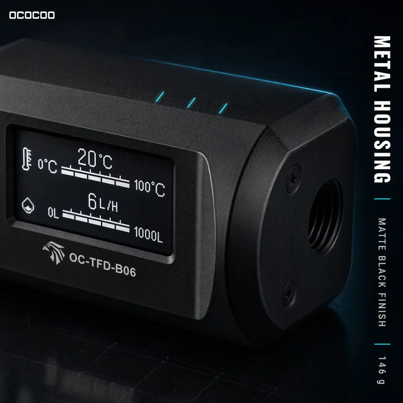 OCOCOO OC-TFD-B06 2 in 1 Digital Water Flow Meter Temperature Monitor OLED Display G1/4 Thread PC Water Cooling Coolant Meter