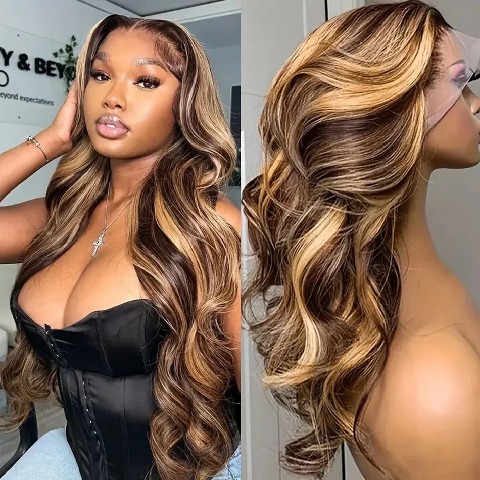 

Glueless P4/27 Highlight Body Wave Wigs 200 Density 13x4 HD Transparent Lace Front Human 100% Natural Brazilian Hair Frontal Wig