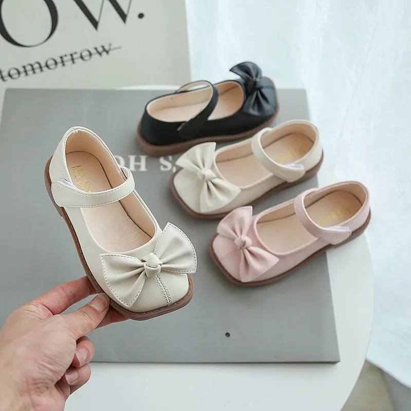 Kids Shoes for Girl Autumn Bow Princess Leather Shoes Solid Color Little Girl Shoes Flat Heels Toddler Sneakers SMG211