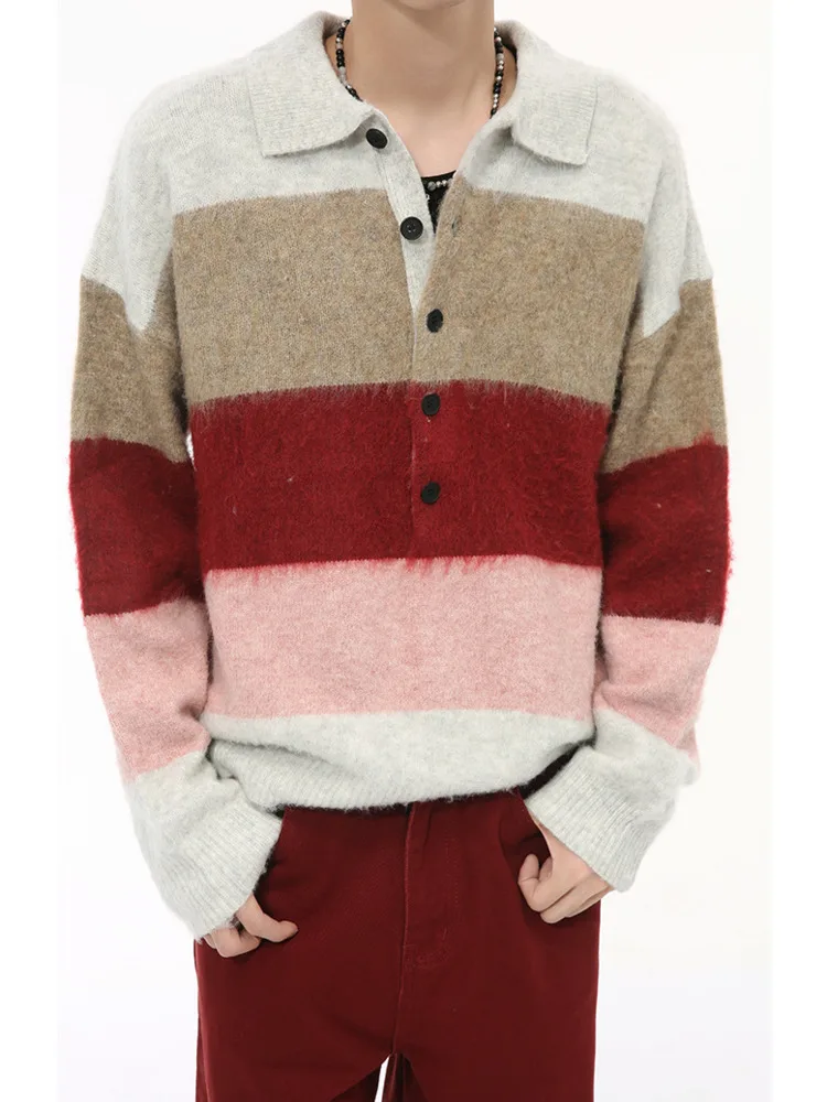 SYUHGFA Niche Striped Turn Down Collar Sweater Loose Knitted Long Sleeve Contrast Color Male Tops Fashion 2024 Autumn Winter