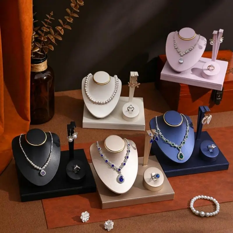 Jewelry Stand Set with Necklace Bust and Ring Tray for Clean Countertop Display and Mixed Jewelry Sorting E0BF