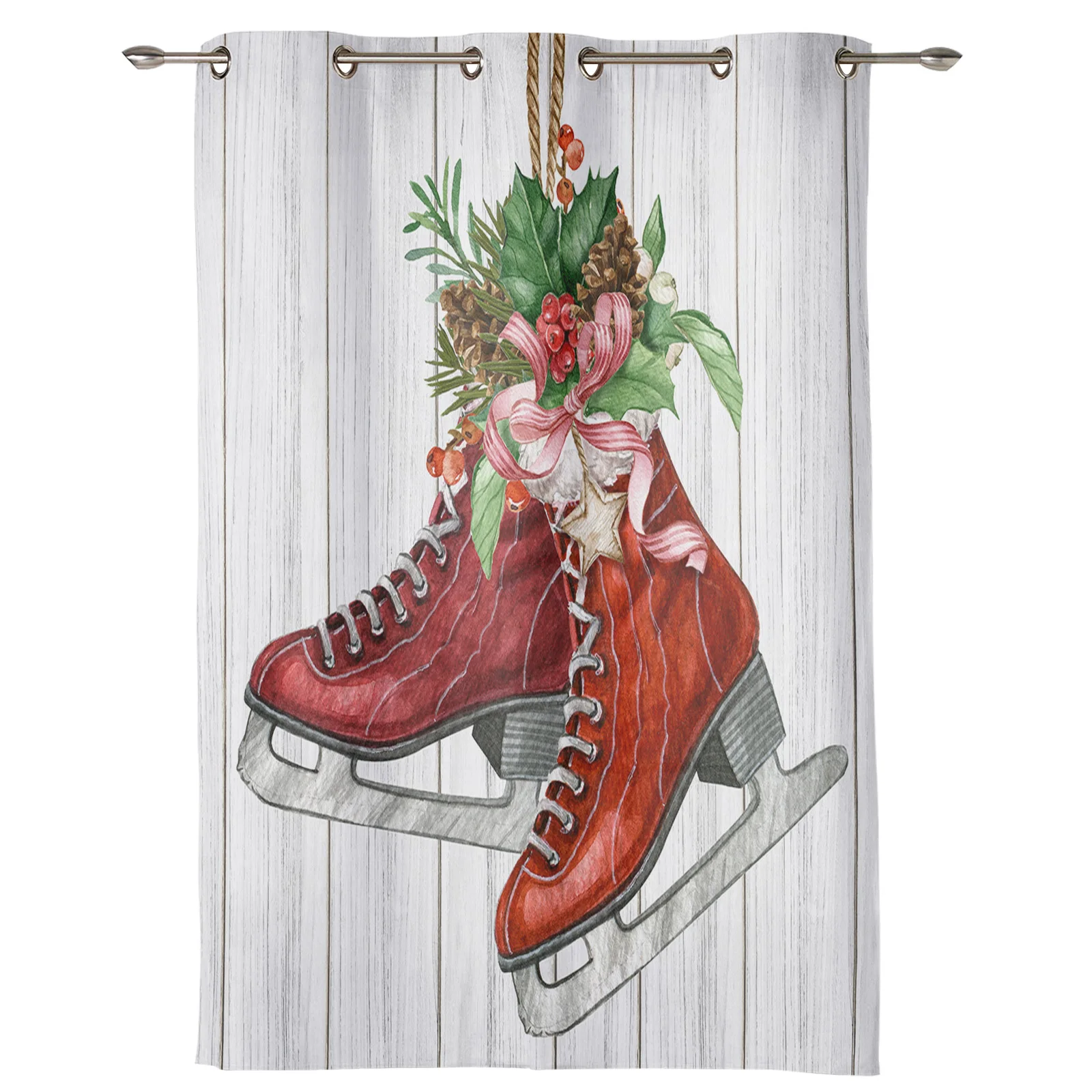 Christmas Pine Needles Skates Wood Grain Window Curtains for Living Room Bedroom Luxury Modern Kitchen Curtains Fabric Drapes