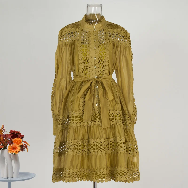 

Real Shot Versatile Shirt Dress Spring Autumn Women Single-Breasted-Soluble Hollow Lace Embroidered Dress Strap