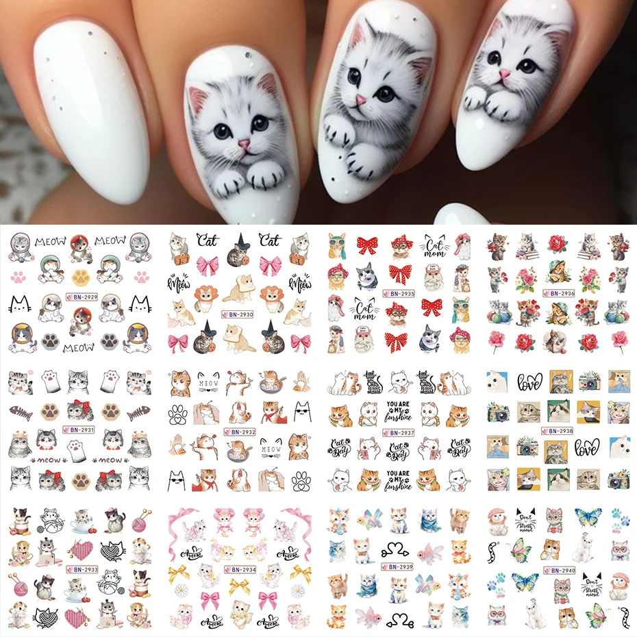 12種類の可愛い漫画風動物ウォーターネイルステッカー、カワイイ猫の漫画柄ネイルデカール、ネイルアートデコレーションDIYに最適