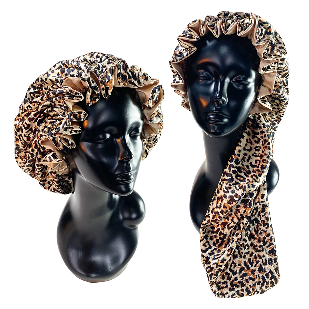 Họa Tiết Da Báo 2 Lớp Mềm Mịn Bonnet Có Thể Điều Chỉnh Dây Thun Satin Cao Cấp Nightcap Miễn Phí Vận Chuyển