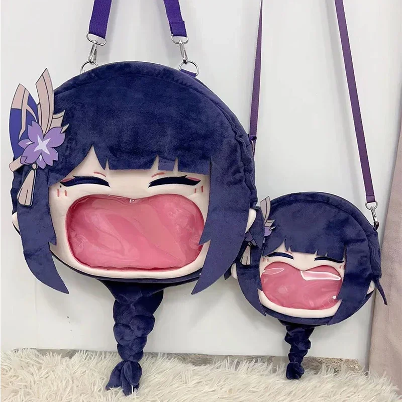 

Game Genshin Impact Raiden Shogun Cosplay Plush Bag Big Mouth Laugh Theme Transparent Itabag Zipper Backpack Purple Shoulder Bag